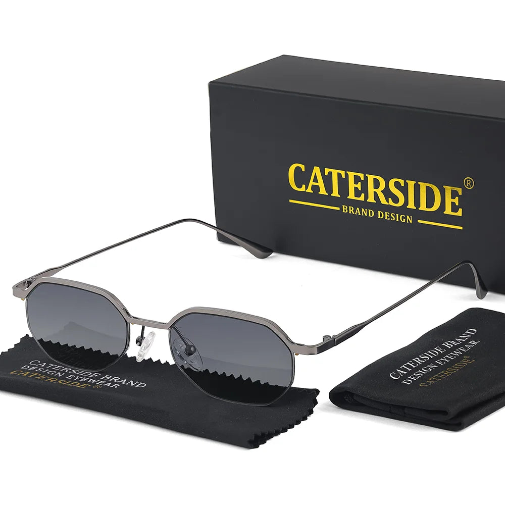 CATERSIDE Retro Polygon Sunglasses Men Metal Semi Rimless Sun Glasses Uv400 Women Outdoor Protection Driving Decorative Eyewear