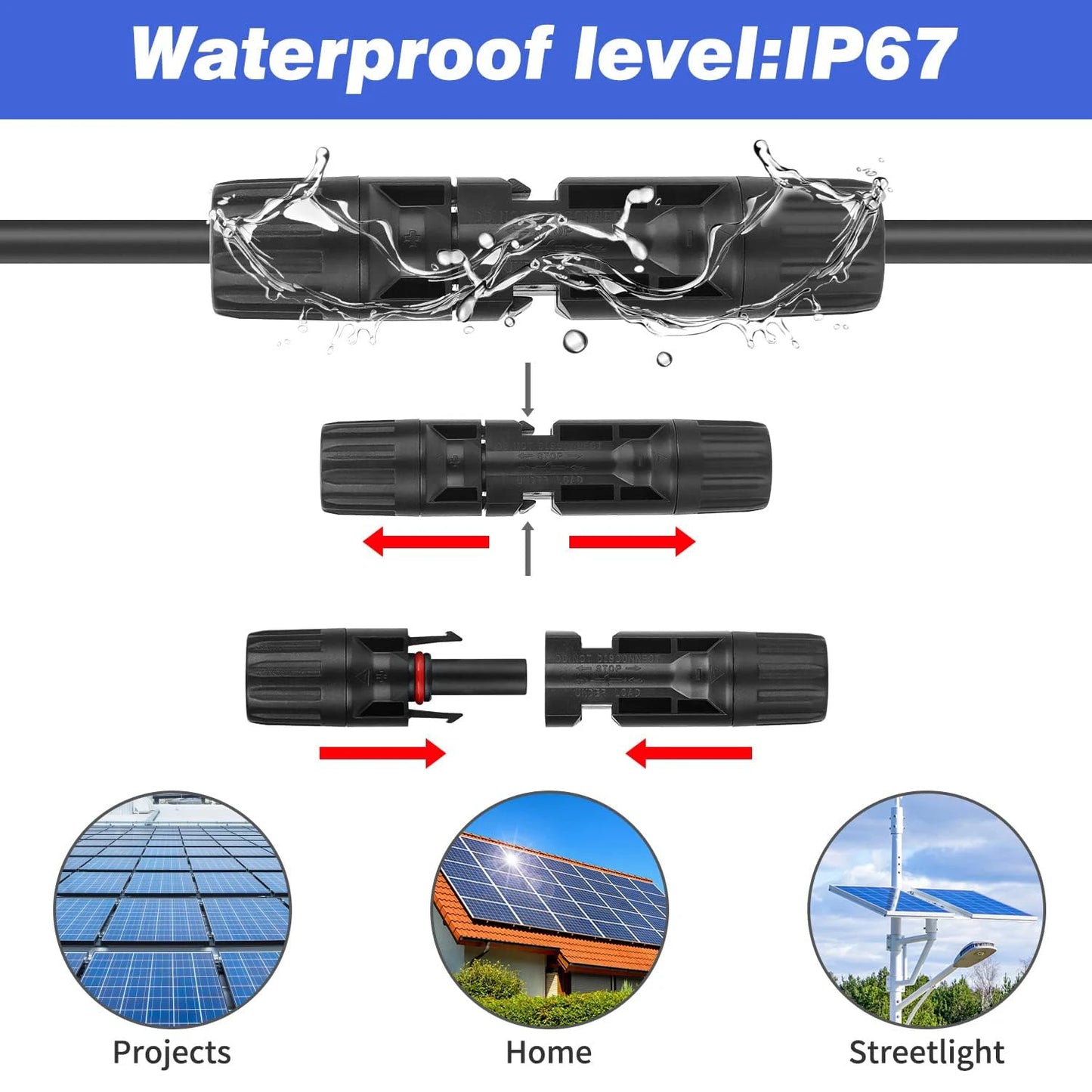 40PCS/20pairs Solar Connector with 3pcs Spanners IP67 Waterproof Solar Panel Cable Connectors Male/Female (10AWG)