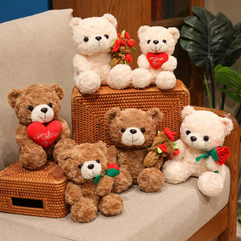 15/25cm Sitting Cartoon Bear Plush Toy Stuffed Valentine's Day Rose Animal Say Love Holding Red Heart Girlfriend Gift