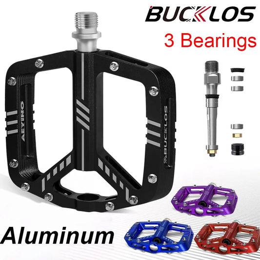 BUCKLOS Bicycle Pedals Mtb Aluminum Platform Footrest Flat Mountain Bike Pedal Grip 3 Bearing Footboards 9/16" Cycling Foot Hold