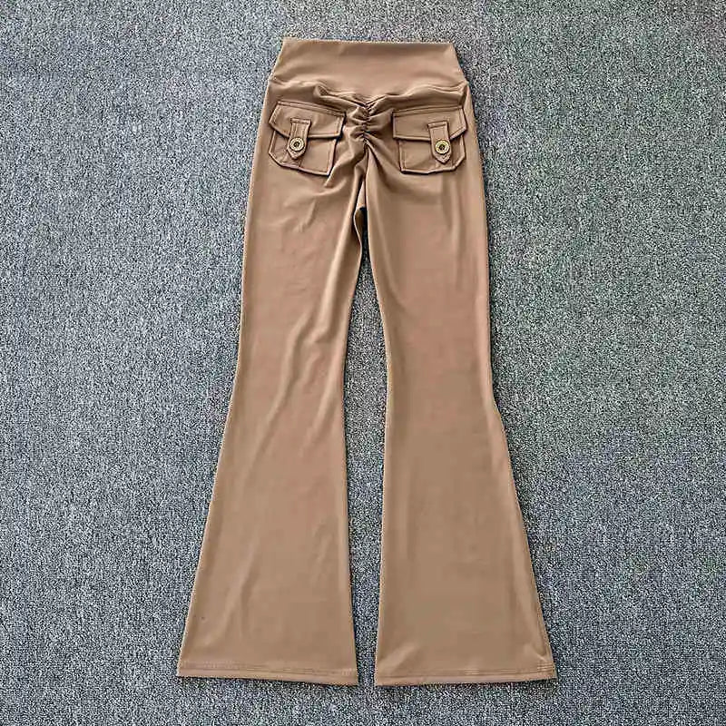 Polyamide Nude High Waist Cargo Pocket Long Yoga Fitness Gym Flare Long Pants Women Activewear