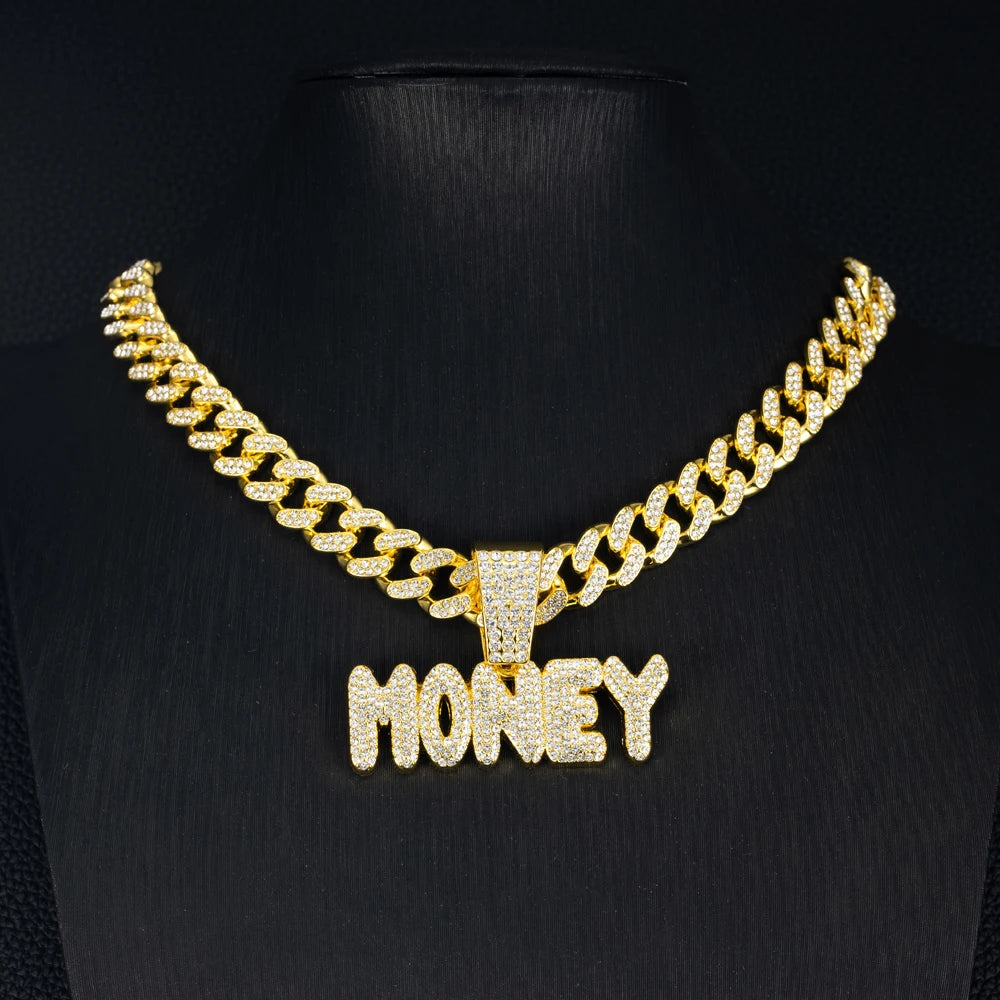 Men Women Hip Hop Bling MONEY Letters Pendant Necklace with Miami Cuban Chain Iced Out Bling HipHop Necklaces Male Charm Jewelry