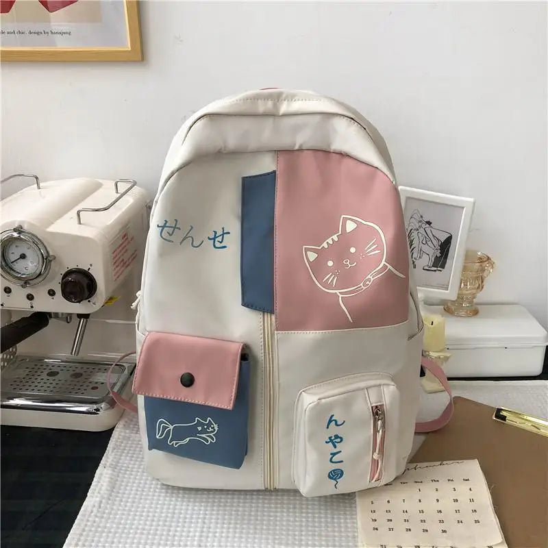 Korean Cute Cartoon Cat Women's Backpack Junior High School Students Schoolbag Large Capacity Nylon Waterproof Travel Backpack