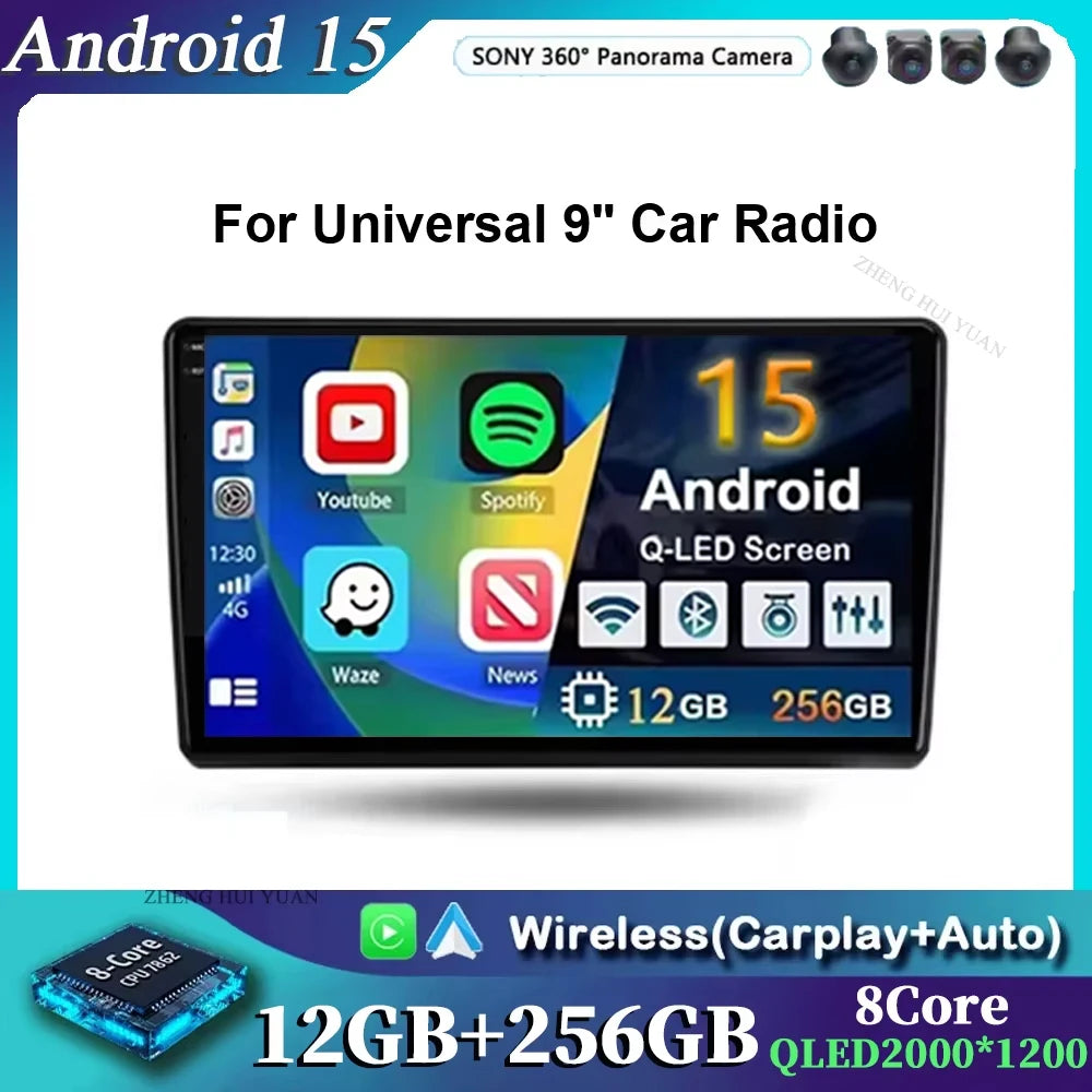 Universal 9" Car Radio for Nissan Honda Toyota Lada Volkswagen Hyundai Android 15 Wireless Carplay Multimedia Player Stereo GPS