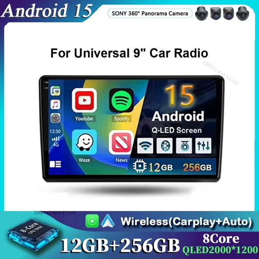 Universal 9" Car Radio for Nissan Honda Toyota Lada Volkswagen Hyundai Android 15 Wireless Carplay Multimedia Player Stereo GPS
