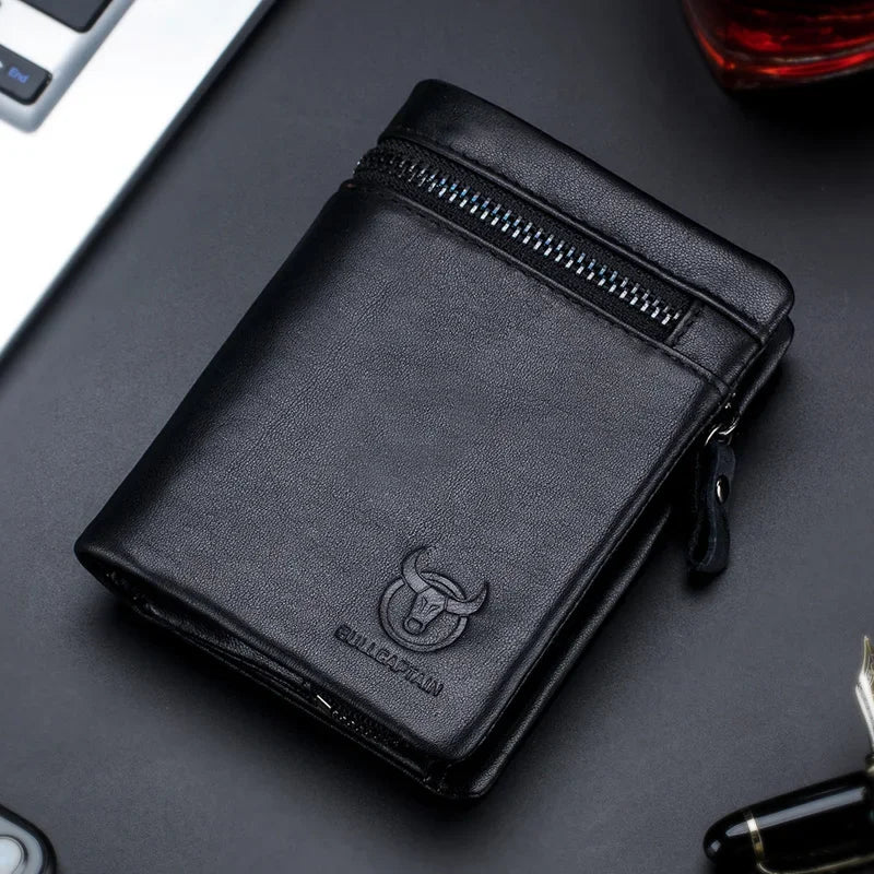 BULLCAPTAIN 100% Genuine Leather Wallet Men's New Men's Cash Clip Bi-fold Coin Purse RFID Blocking Card Holder with Gift Box 03