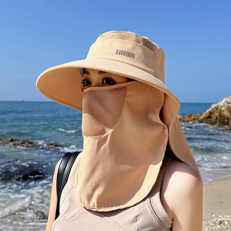8458 Spring summer Cross border large cape sun block hat fashion face mask fisherman hat with ponytail hole visor hat children