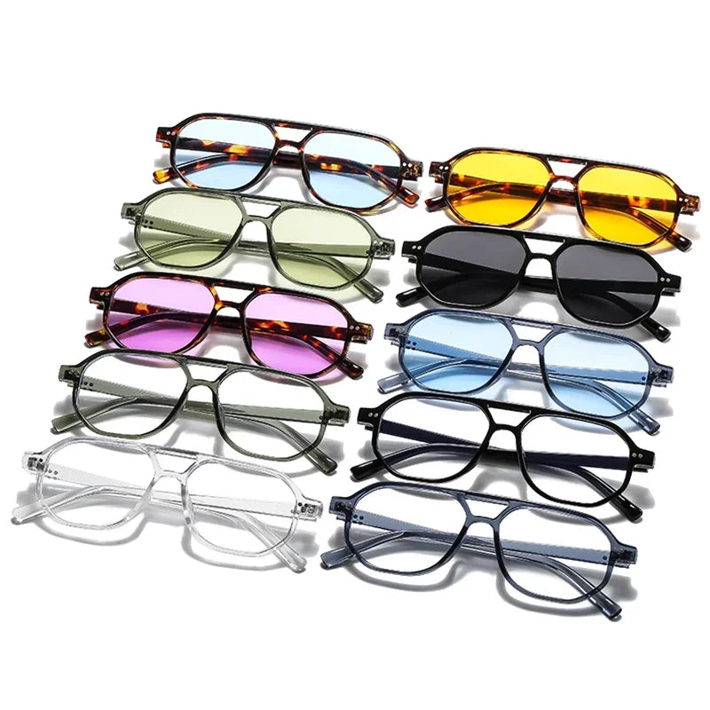 JNPCXI Vintage Double Bridges Polygon Square Men Sunglasses Fashion Green Ocean Lens Eyewear Women Rivets Sun Glasses UV400