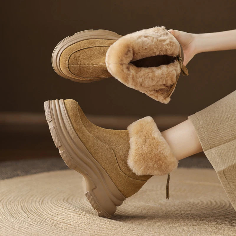 Fashion Faux Fur Platform Ankle Boots Women Back Zipper Warm Long Plush Winter Boots Woman Faux Suede Non Slip Short Booties