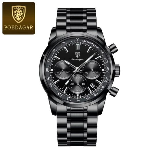 POEDAGAR Luxury Waterproof Chronograph Men' Silver Full Black Quartz Wristwatch