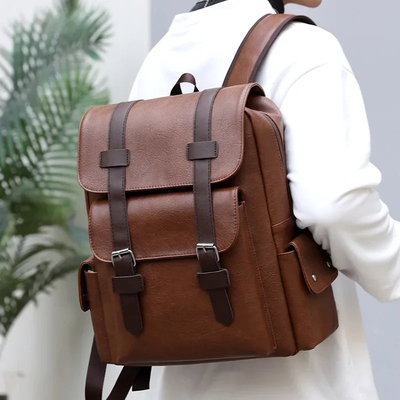 Leather Shoulder Backpack Waterproof Men Retro Casual Business Laptop Bags