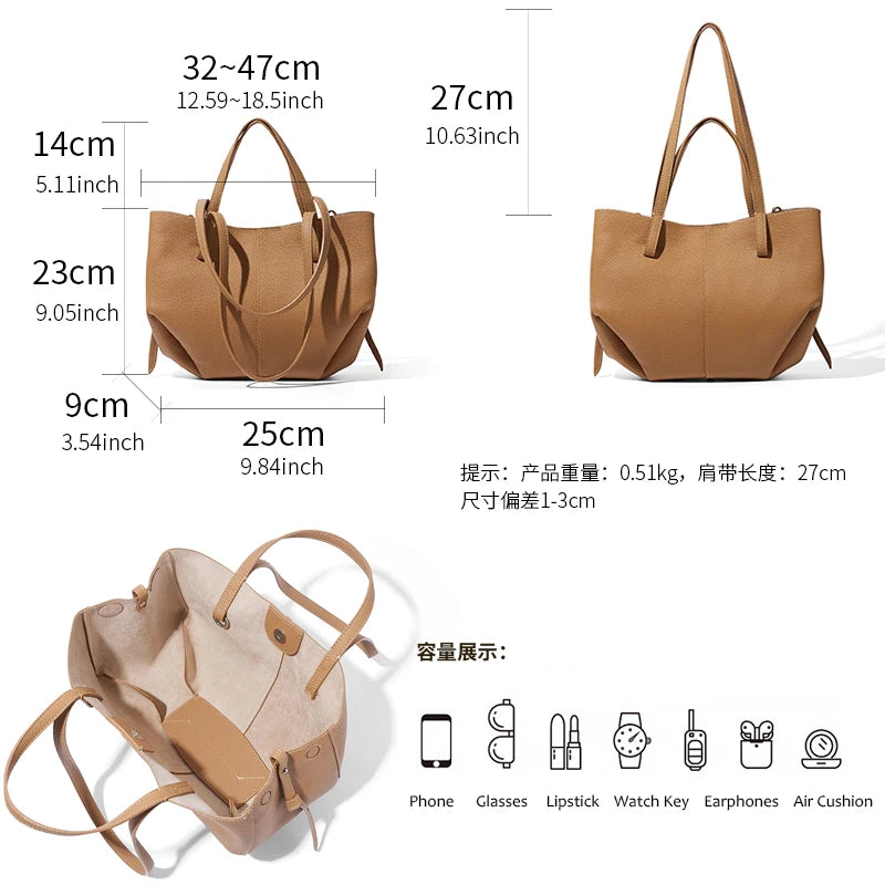 Top-Grain Cowhide Leather Large-Capacity Women's Tote Bag, Versatile Minimalist Smiley Face Handbag Bag Luxury Designer Wing Bag