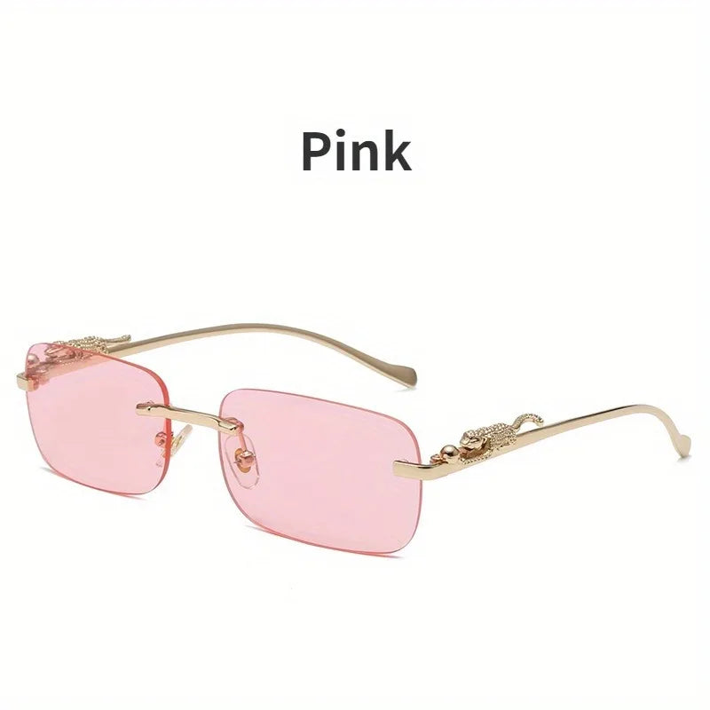 Frameless Rectangular Fashion Glasses for Men and Women Luxurious Design with Gold Metal Border Leopard Head Buckle