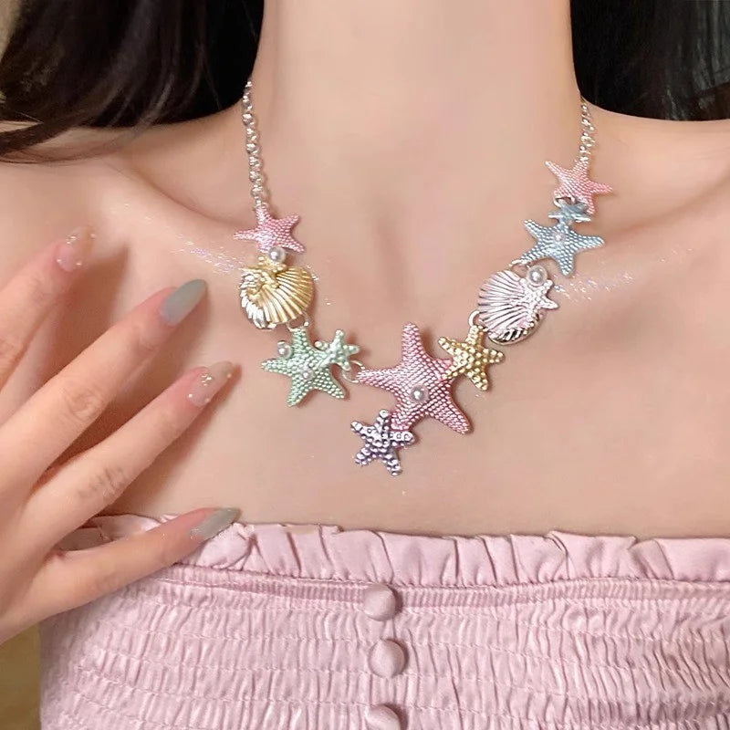 Exaggerated Colorful Shell Starfish Pendant Necklace for Women Summer Beach Party Pearl Rhinestone Choker Necklace Y2K Jewelry