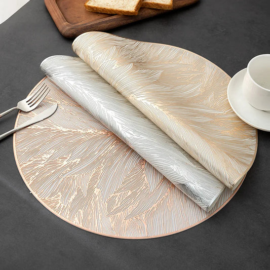 4pcs Round PVC Heat-Resistant High Quality Placemats, Elegant Golden Leaf Design, Leakproof Table Protectors for Dining, Kitchen