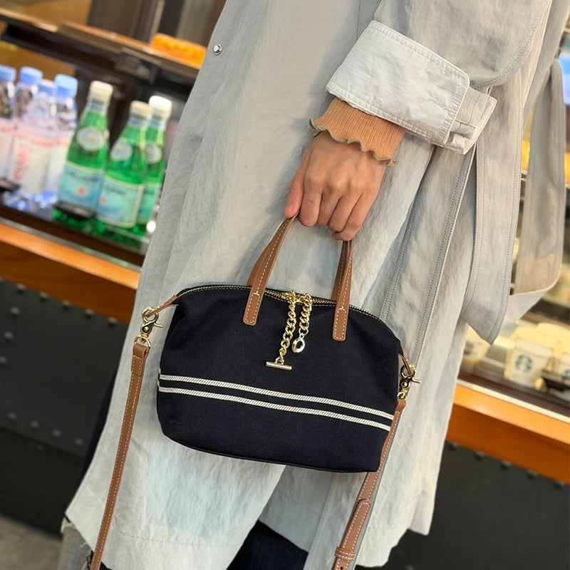 Denim & Genuine Cowhide Leather Mini Dome Bag for Women Luxury Designer Top Handle Crossbody Shoulder Bag with Gold Chain Detail