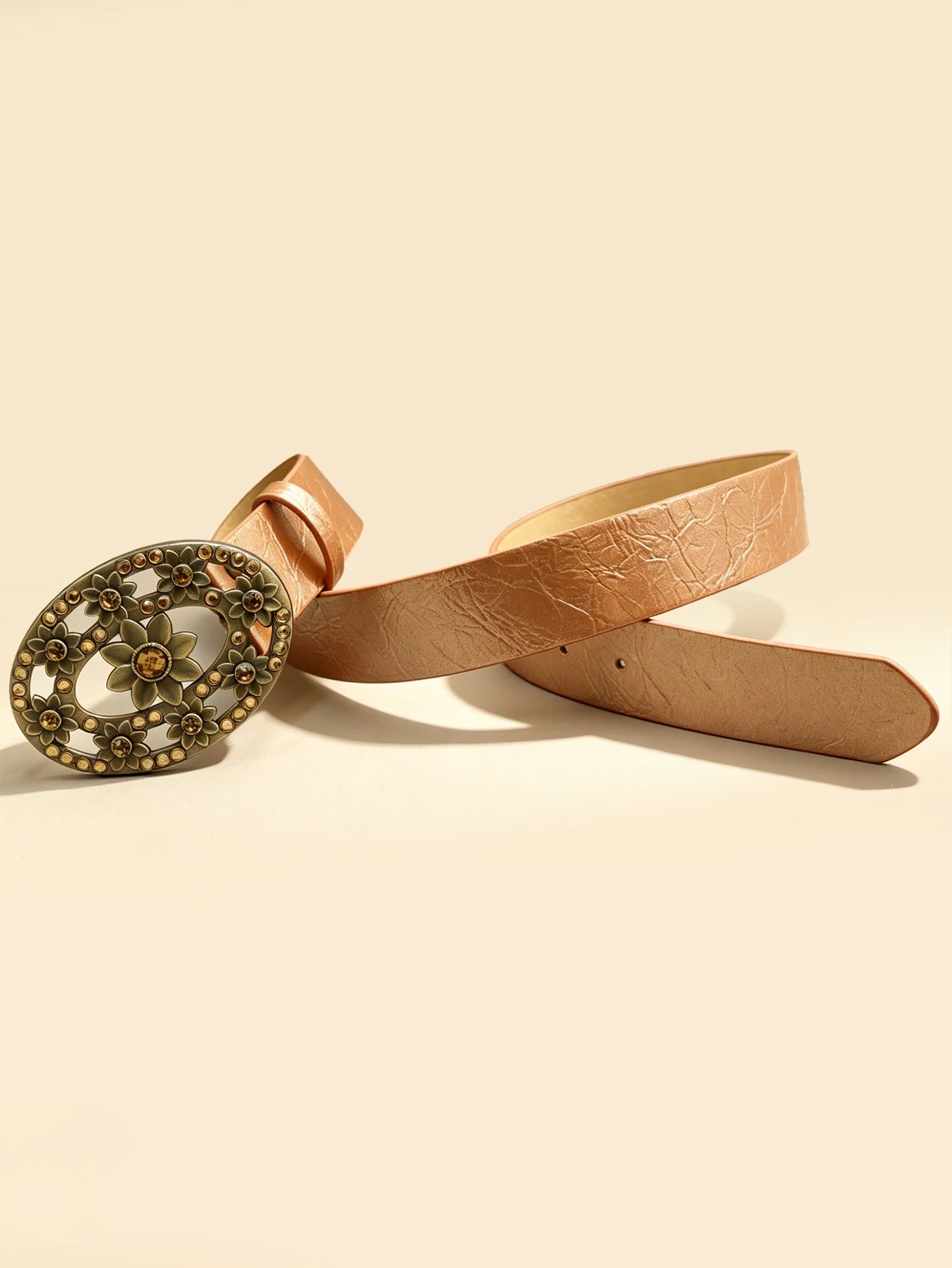 Vintage Floral Rhinestone Buckle Belt, Champagne Textured Women's Versatile Waistband
