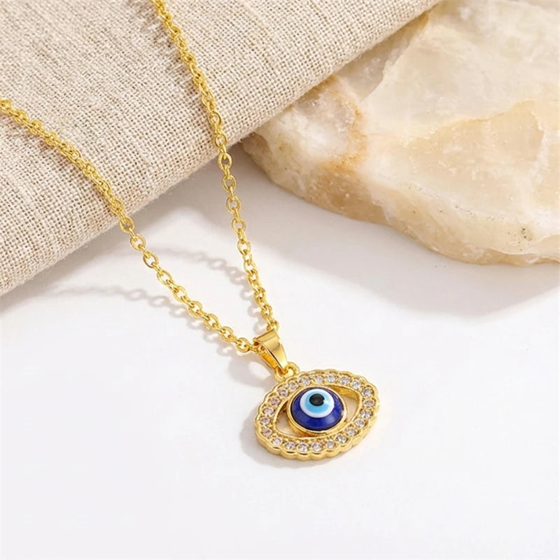 Minimalist Dainty Zircon Evil Eye Necklace for Women Gold Plated Stainless Steel Chain Blue Eye Pendant Daily Wear Jewelry Gift