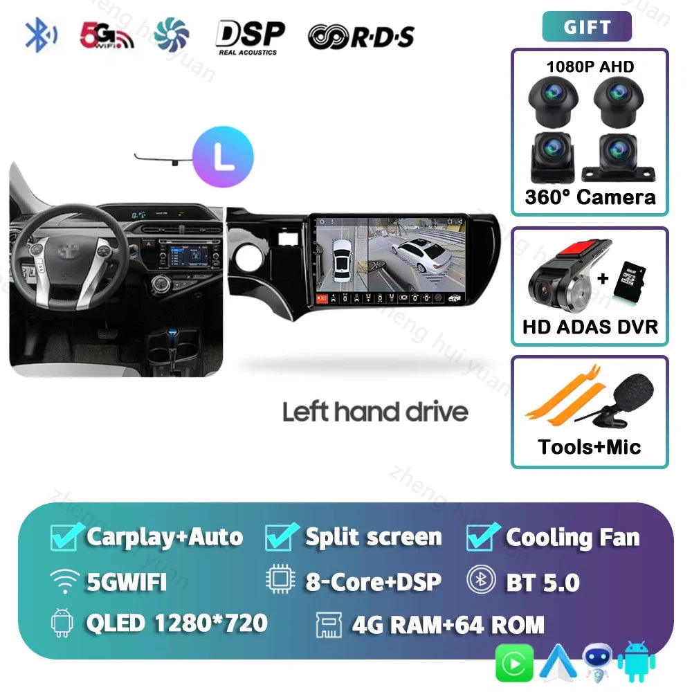 Android 15 CarPlay Auto For Toyota Aqua LHD RHD 2011 - 2017 Car Radio Multimedia navigation video DVD Autoradio Stereo 2din 4G
