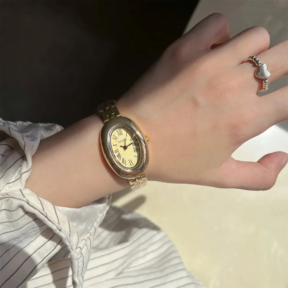 Fashion Women Mid Ancient Style Oval Dial Small Watch Adjustable Steel Strap Quartz Wristwatch Relogio Feminino Dropshipping