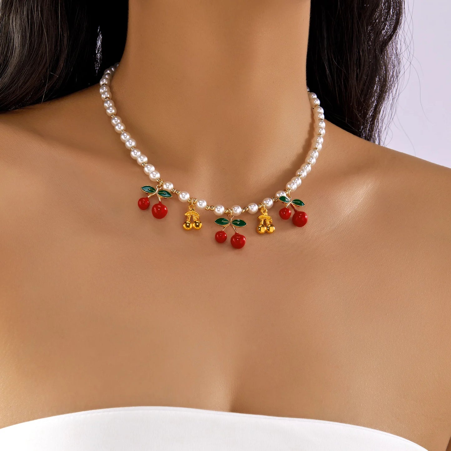 Dainty Sweet Fruit Cherry Heart Charms Pendant Necklace For Women Elegant Imitation Pearl Choker Neck Chain Jewelry Party Gift