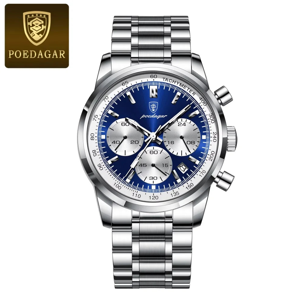 POEDAGAR Luxury Waterproof Chronograph Men' Silver Steel Blue Quartz Wristwatch