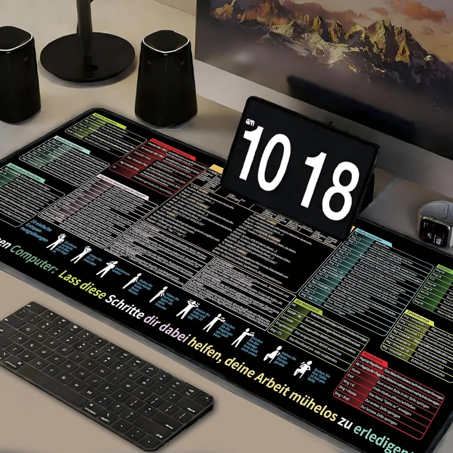 German Excel Mouse Pad XXL Desk Mat with Shortcuts for Excel, Word, PPT & Windows, Non-Slip Mouse Mat for Office Increases Speed