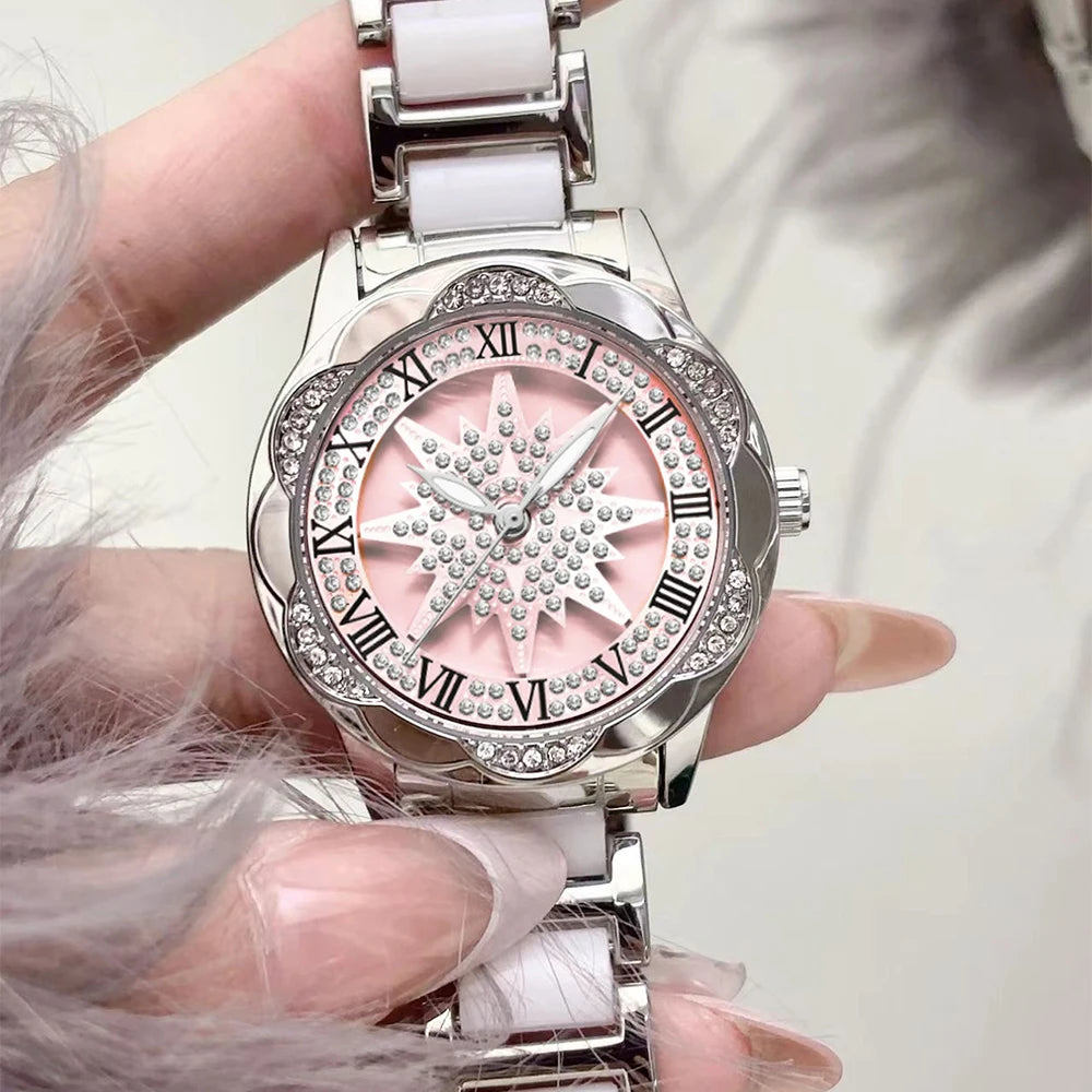 Ladies Watch Luxury Rotate Diamond Dial Wristwatch Waterproof Fashionable Elegant High End Temperament Round Woman Watches
