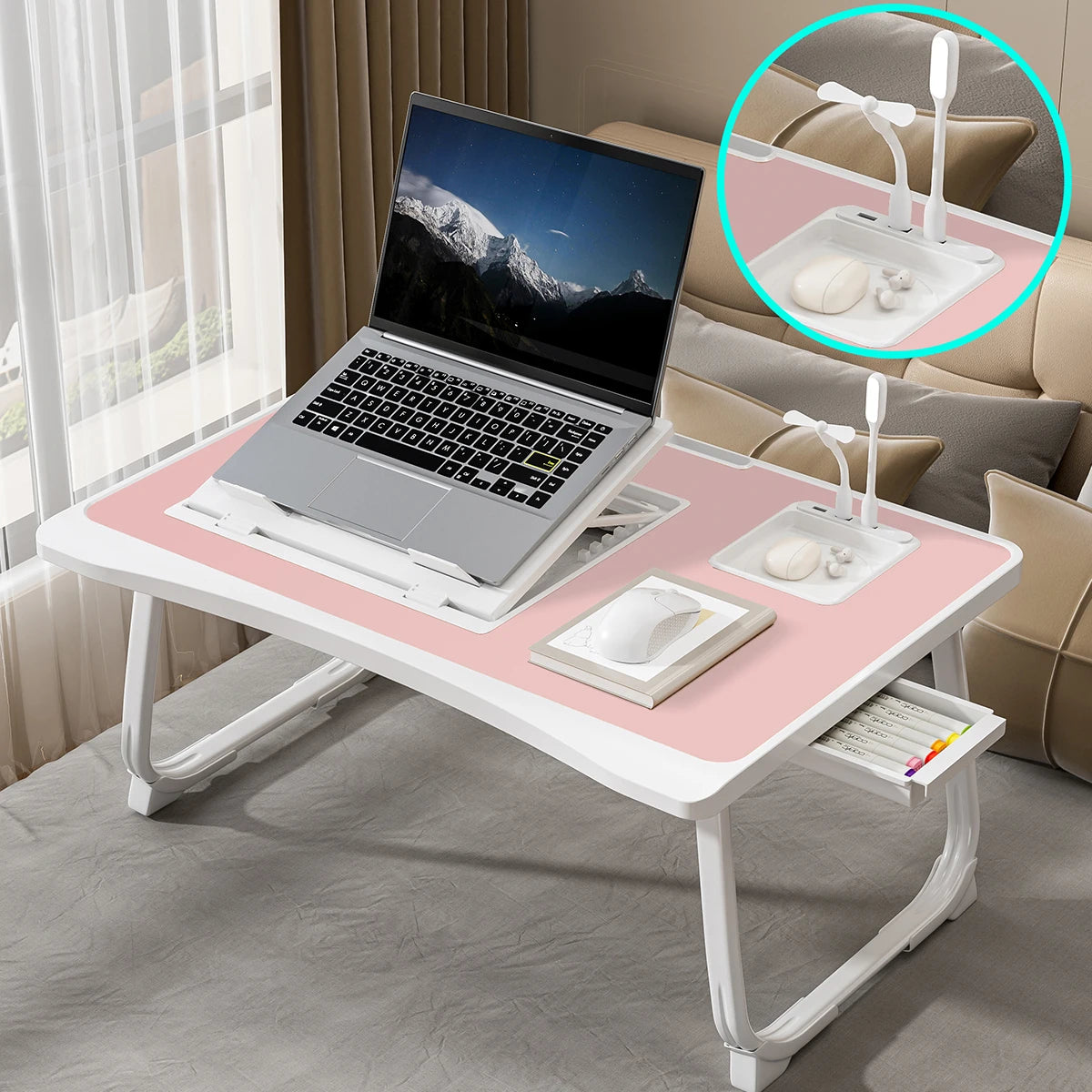 Portable Adjustable Height Foldable Bed Desk w/ Wooden Surface - Storage Slots