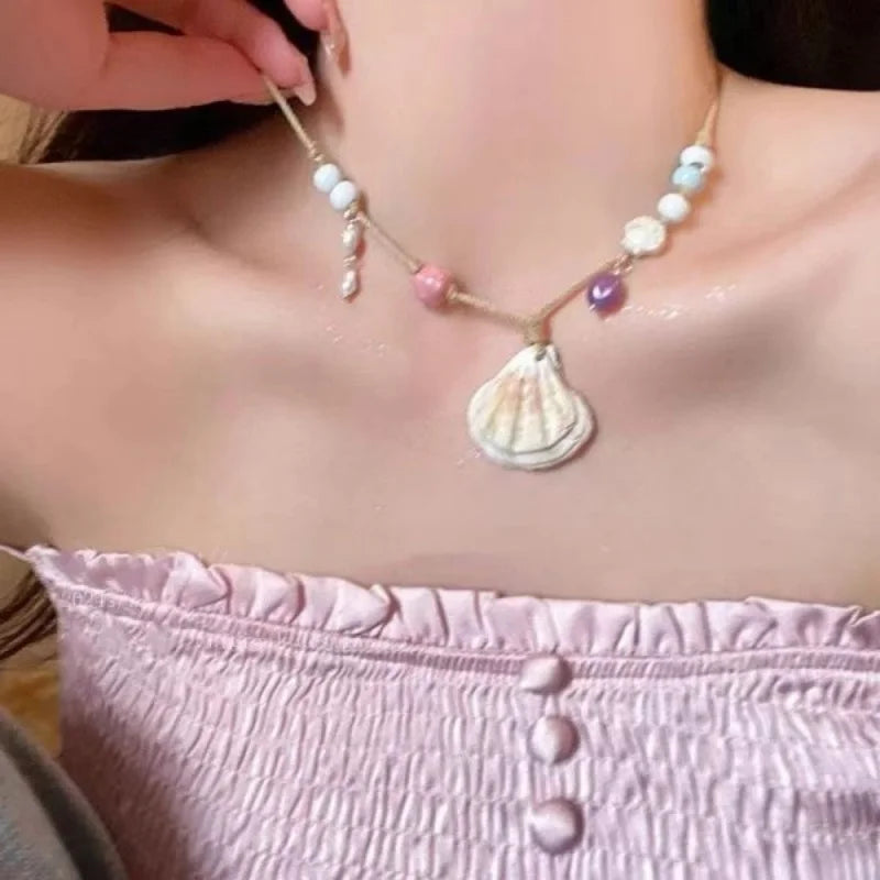 Summer Y2K Cute Shell Starfish Pendant Choker Necklace for Women Elegant Pearl Crystal Beaded Clavicle Chain Party Jewelry Gift