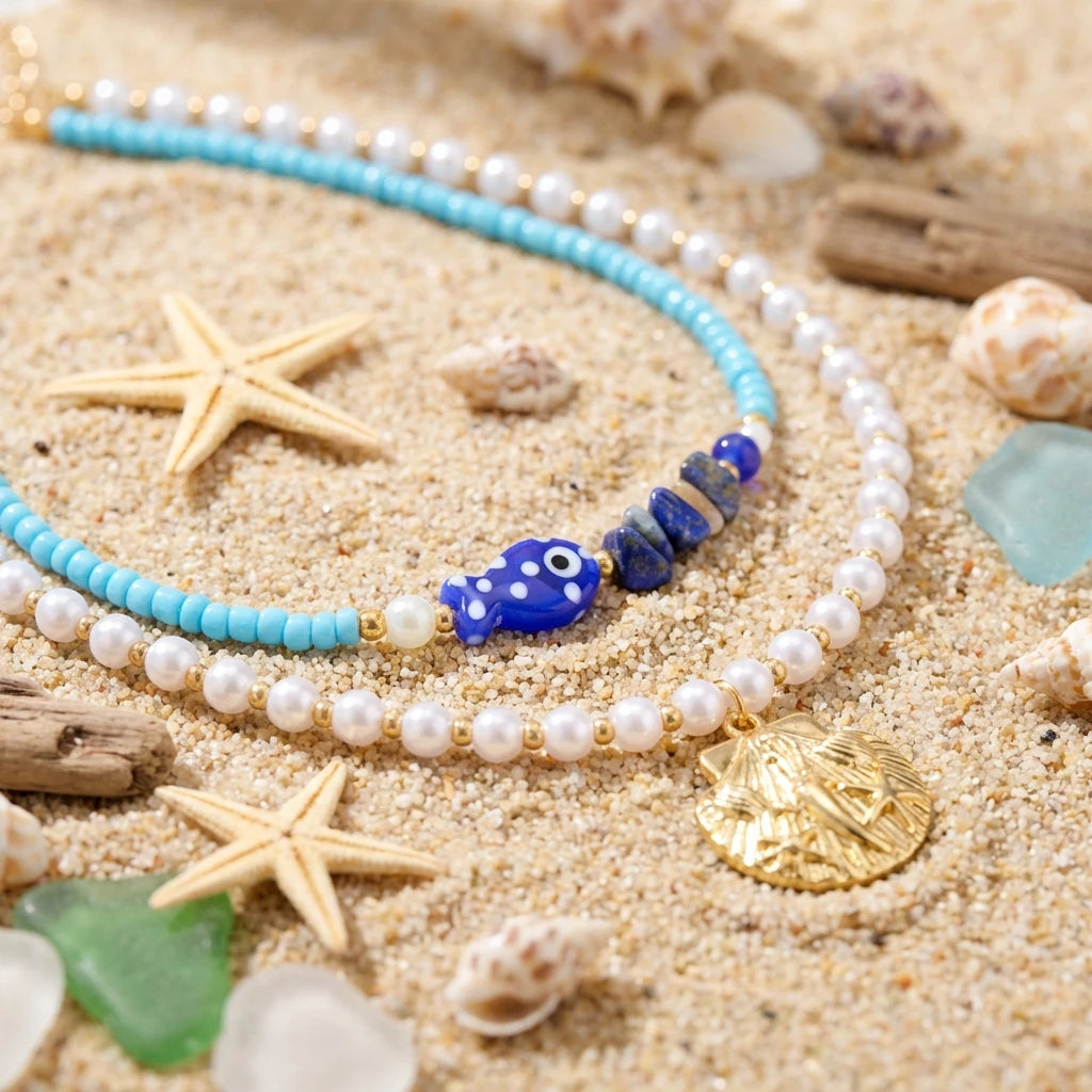 2Pcs/Set Vacation Fish Shell Stone Faux Pearl Beaded Necklace Summer Beach Boho Layered Choker Jewelry For Women