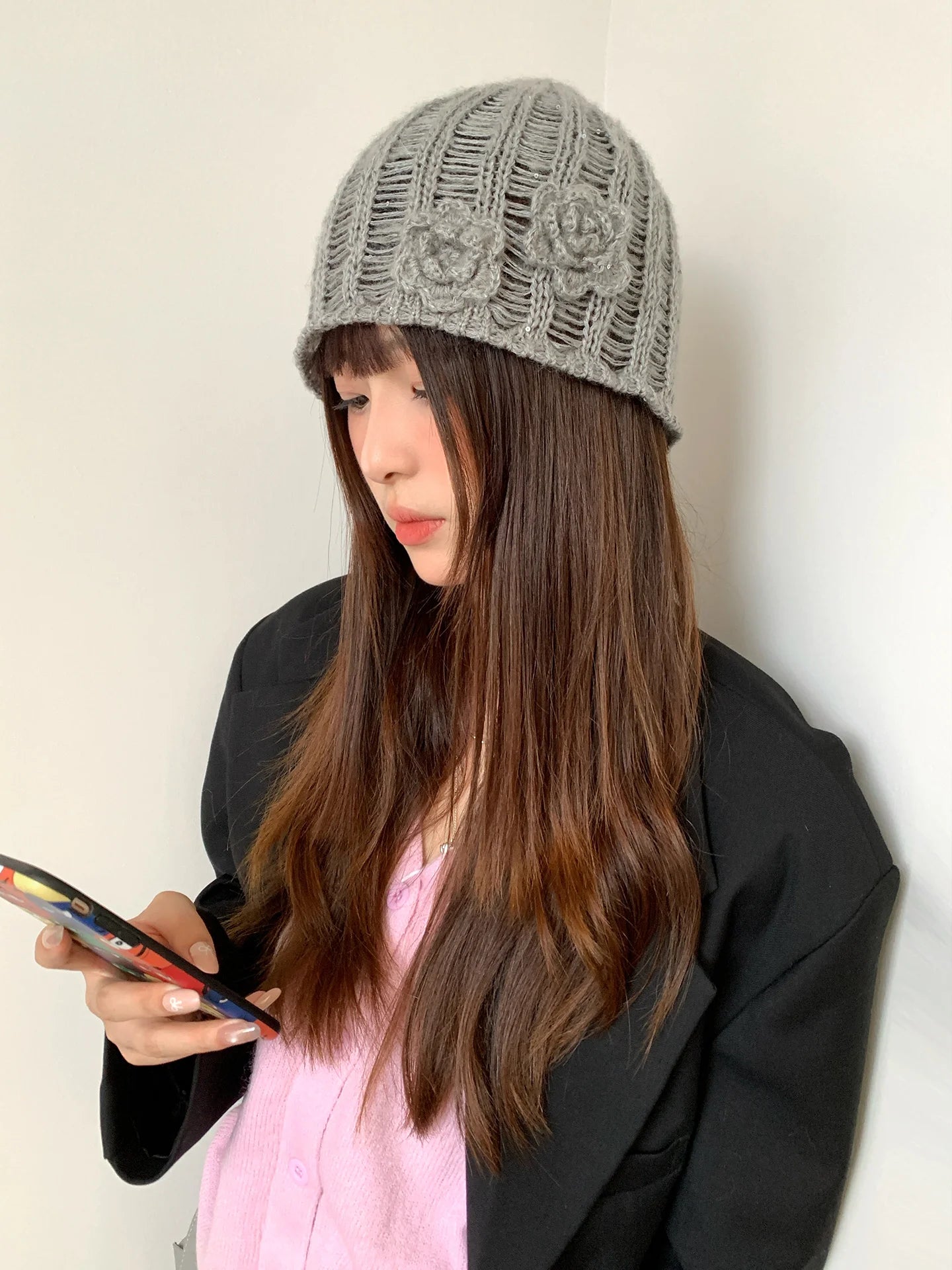 Retro Korean-Style Knitted Hat With Three-Dimensional Floral Cut-Outs Small-Scale Face-Flattering And Versatile For Summer