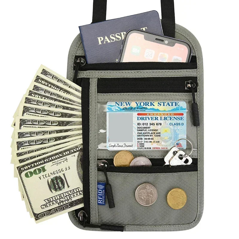 RFID Protection Passport Holder Travel Neck Pouch Anti-theft Wallet Hidden Money Document Card Holder Waterproof Large Organizer