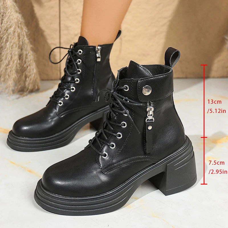 British Style High Heels Ankle Boots Women Plus Size 42 Lace Up Thick Heel Motorcycle Boots Woman Non Slip Pu Leather Botas