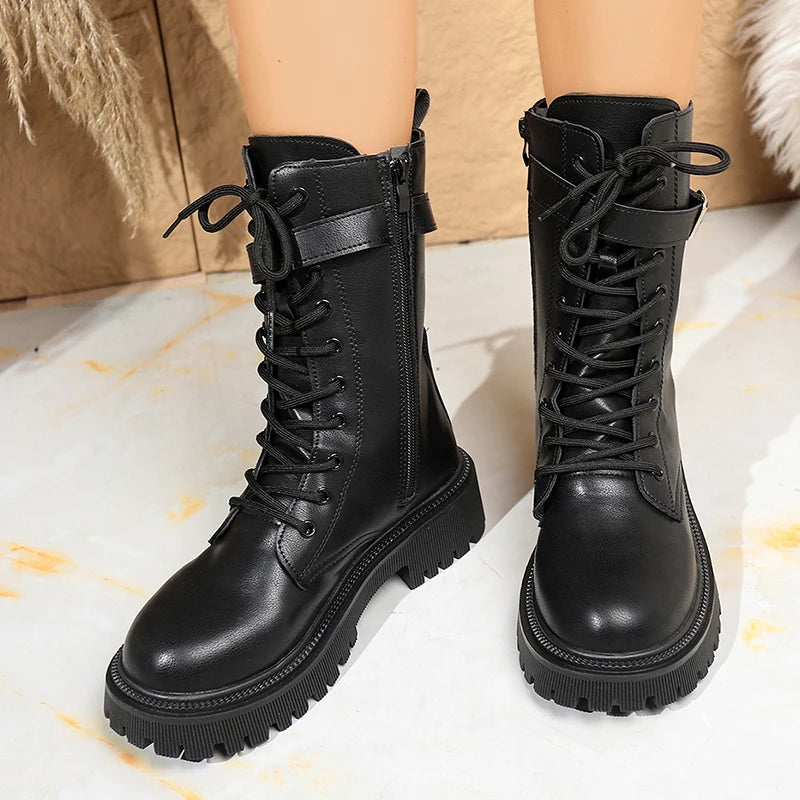 Fashion Buckle Platform Mid Calf Boots Women Lace Up Punk Motorcycle Boots Woman Autumn Winter Thick Sole Pu Leather Botas 35-42