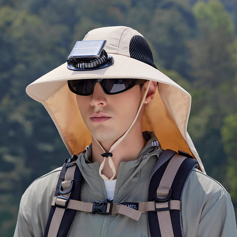 9217Ultra-wide brim sun hat, 1pc solar fan hat, waterproof bucket hat for fishing, hiking and camping