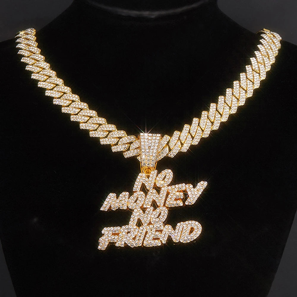 Men Women Hip Hop NO Money No Friend Pendant Necklace with 14mm Cuban Chain HipHop Iced Out Bling Necklaces Fashion Jewelry Gift