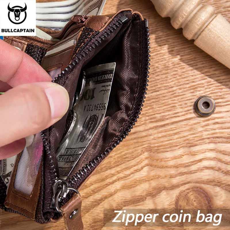 BULLCAPTAIN Vintage Men's Leather Wallet RFID Function Card Zipper Zero Wallet Multifunctional High Quality Leather Wallet QB06