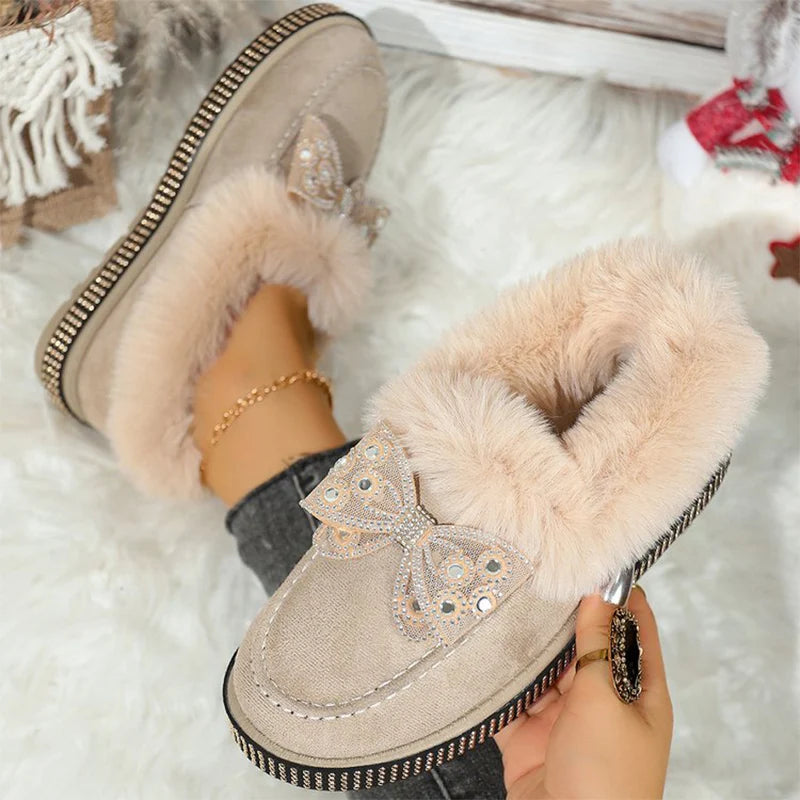 Bowknot Crystal Detor Snow Boot Women Winter Slip On Furry Snow Boots for Woman Round Toe Short Plush Warm Booties Laides