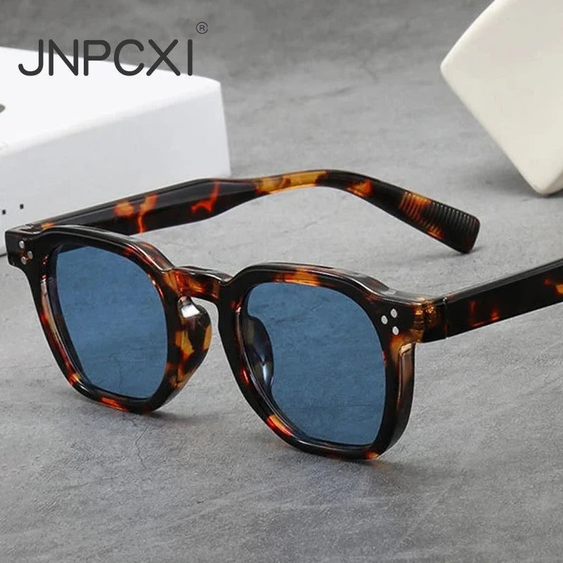 JNPCXI Fashion Square Sunglasses Men Gradient Shades UV400 Vintage Rivets Women Trending Tea Sun Glasses