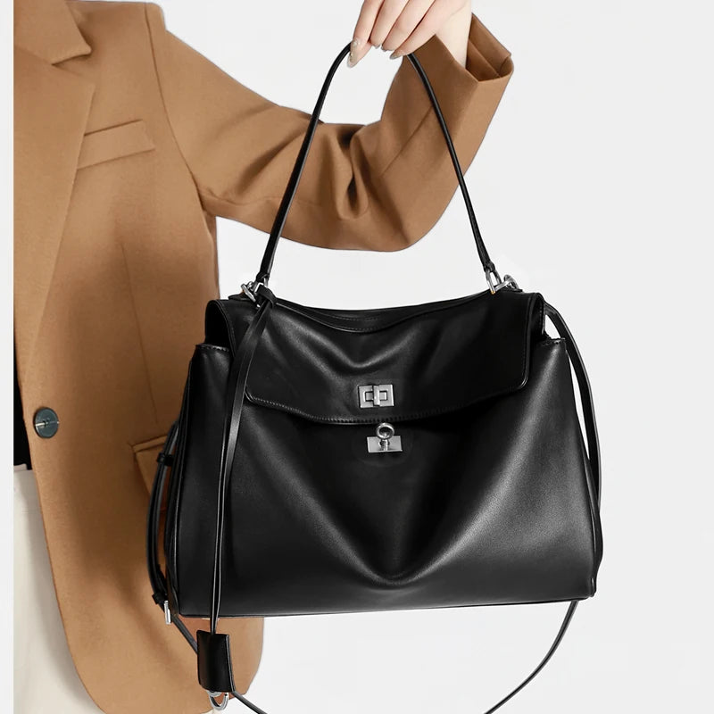 Women's Genuine Leather Large Capacity Solid Color Tote Bag 2026 New Fashion Leather Shoulder Bag Casual Ladies Commute Handbag