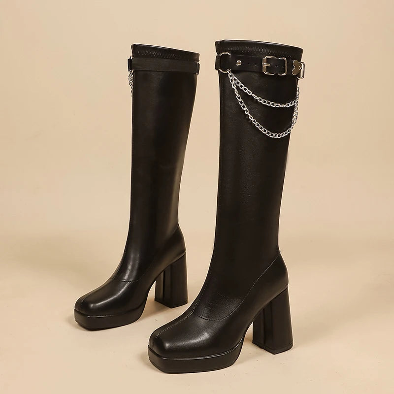 Metal Chain Chunky High Heels Knee The Boots Women Punk Belt Buckle Platform Long Boots Woman Goth Thick Heeled Pu Leather Botas