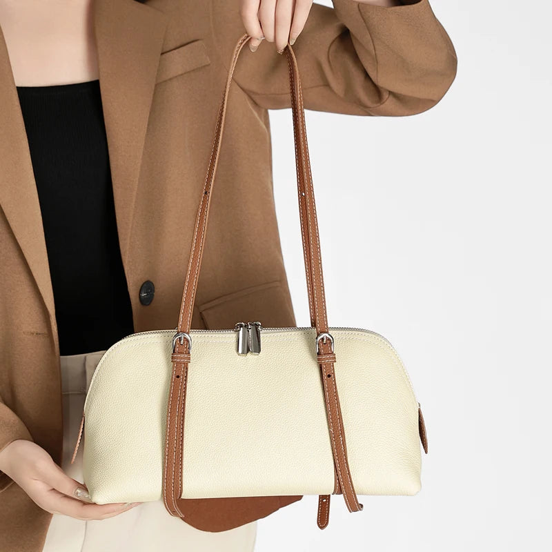 Fashion Women Cowhide Genuine Leather Solid Color Tote Bag Large Capacity Shoulder Bag Trendy Versatile All-match Commuting Bag