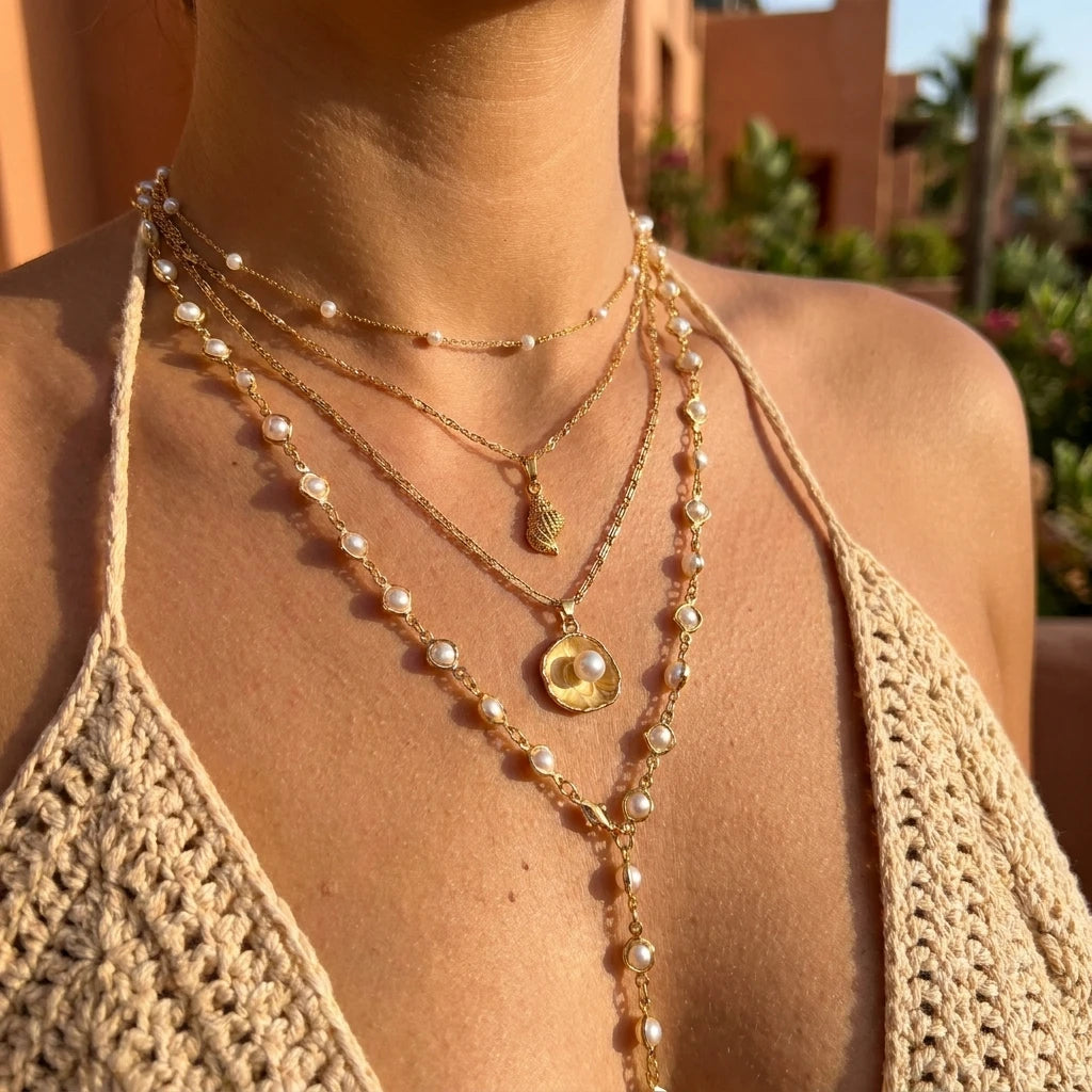 Layered Gold Starfish Pendant Necklace Women White Seed Bead Rope Cord Choker Boho Beach Summer Vacation Jewelry