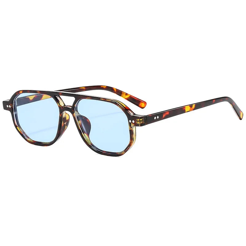 JNPCXI Vintage Double Bridges Polygon Square Men Sunglasses Fashion Green Ocean Lens Eyewear Women Rivets Sun Glasses UV400