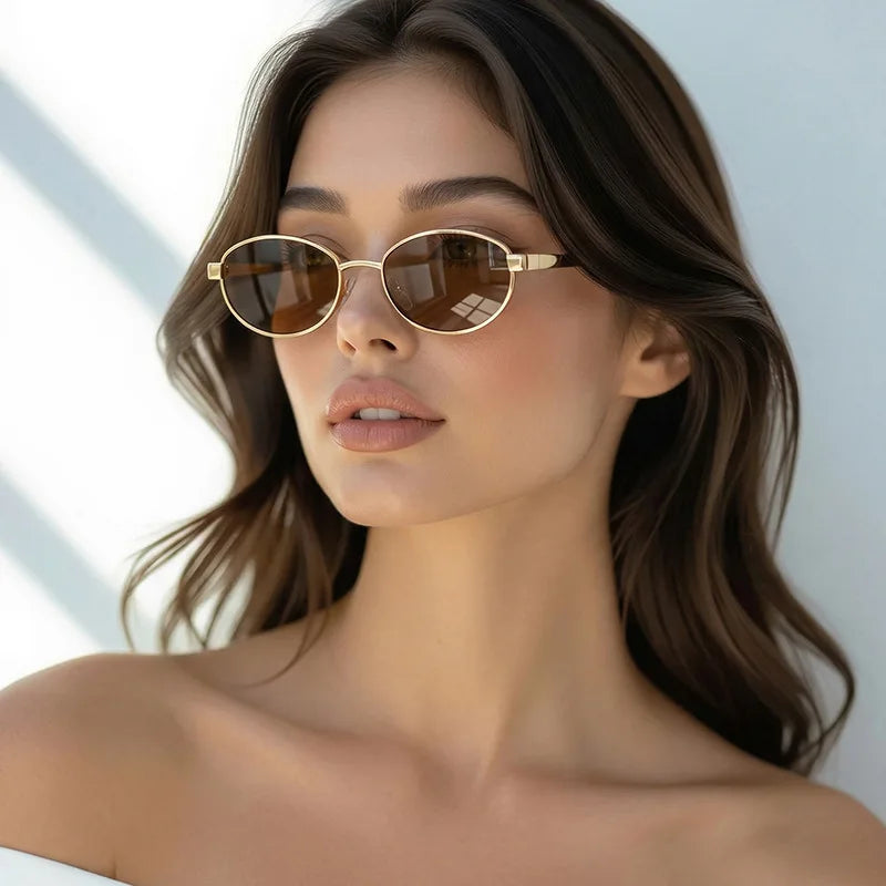 JNPCXI Retro Oval Metal Women Sunglasses Fashion Gold Tea Punk Men Shades UV400