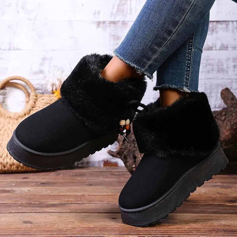 Thick Platform Faux Fur Snow Boots Women Bow Thicken Plush Winter Ankle Boots Woman Plus Size 43 Non Slip Warm Cotton Shoes