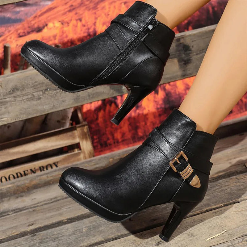 Fashion Pointed Toe Ankle Boots Women Autumn Winter Black Super High Heel Boots for Woman Buckle Detor Zipper Up Booties Ladies