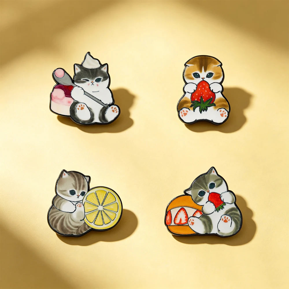 4 pcs Cat Fruit Enamel Pins  Lemon  Brooch Badge Cartoon Animal Jewelry Gift for Children Friends