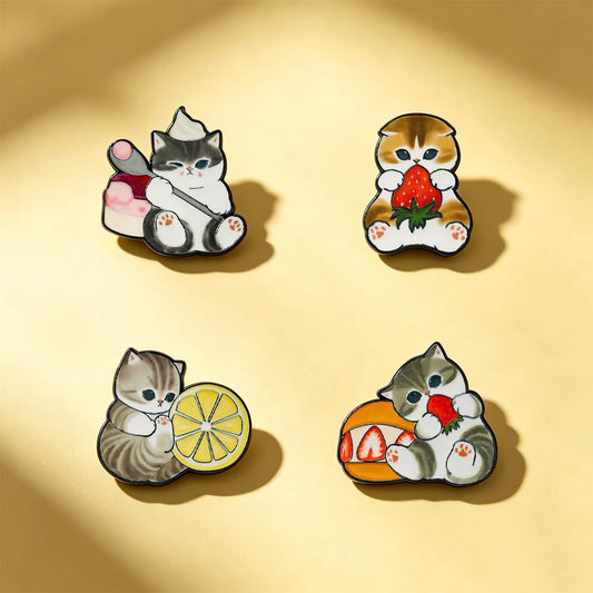 4 pcs Cat Fruit Enamel Pins  Lemon  Brooch Badge Cartoon Animal Jewelry Gift for Children Friends